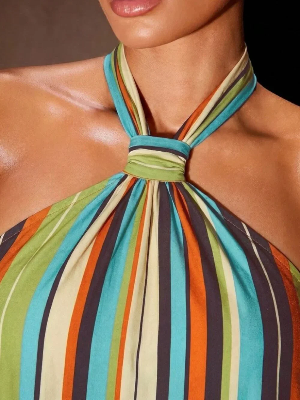 Multicolor Striped Halter Maxi Dress with Twisted Neck Detail